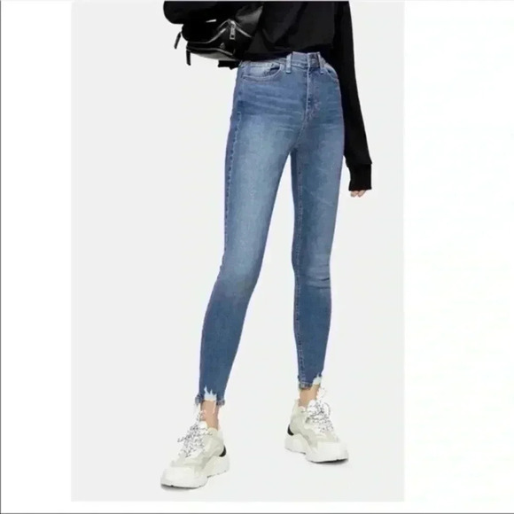 Topshop Jamie High Waisted Skinny Jeans Ankle Cropped Jagged  Hem Blue Size 26 - Picture 3 of 16